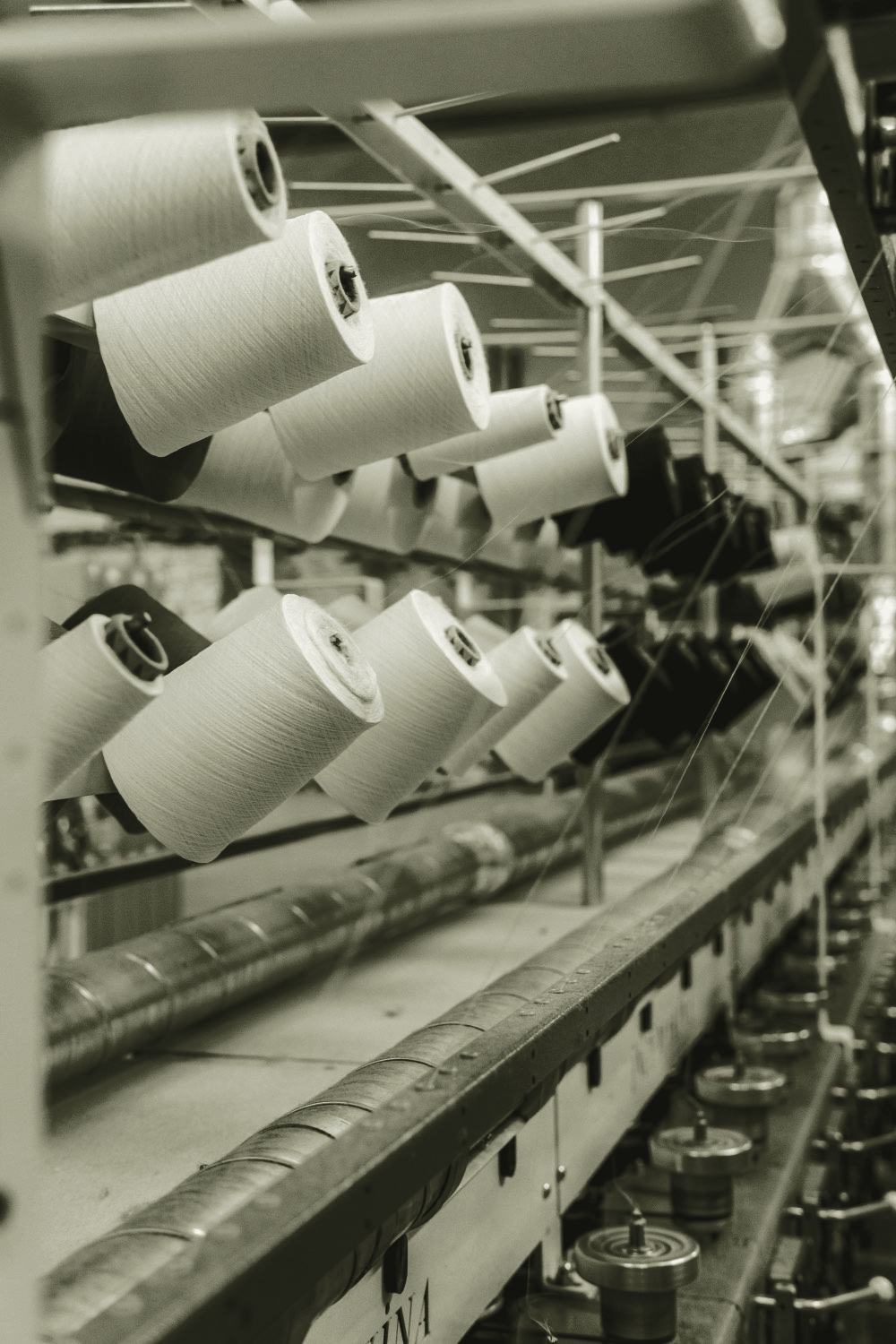 Yarn spools staged for the next run